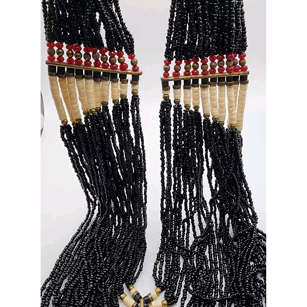 Vintage Boho Tribal Ethnic Black Glass Seed Bead Waterfall Layered Bib Necklace - Picture 12 of 16